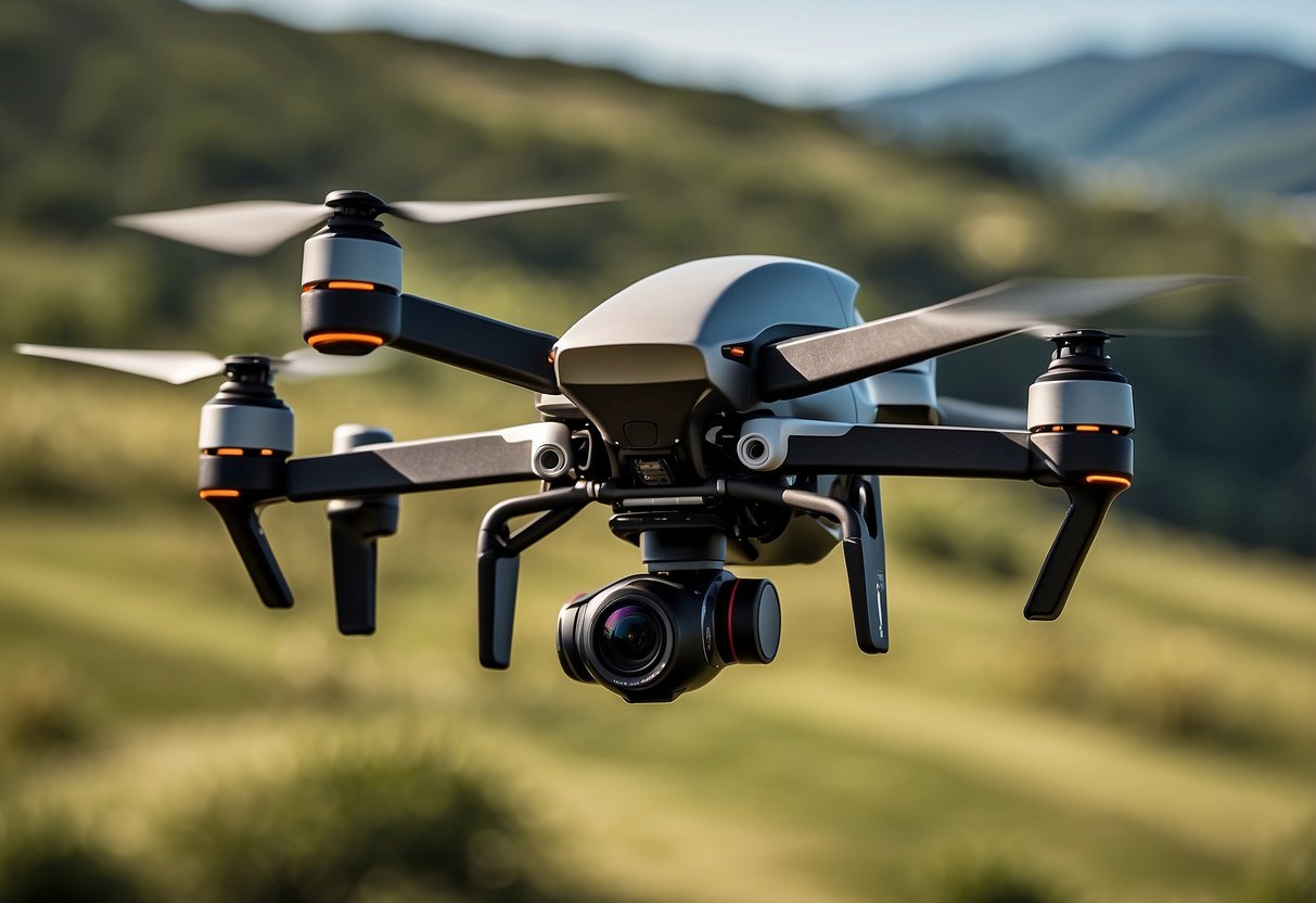 A drone flying over a scenic landscape with clear skies and smooth maneuverability, showcasing a seamless user experience and exceptional customer service