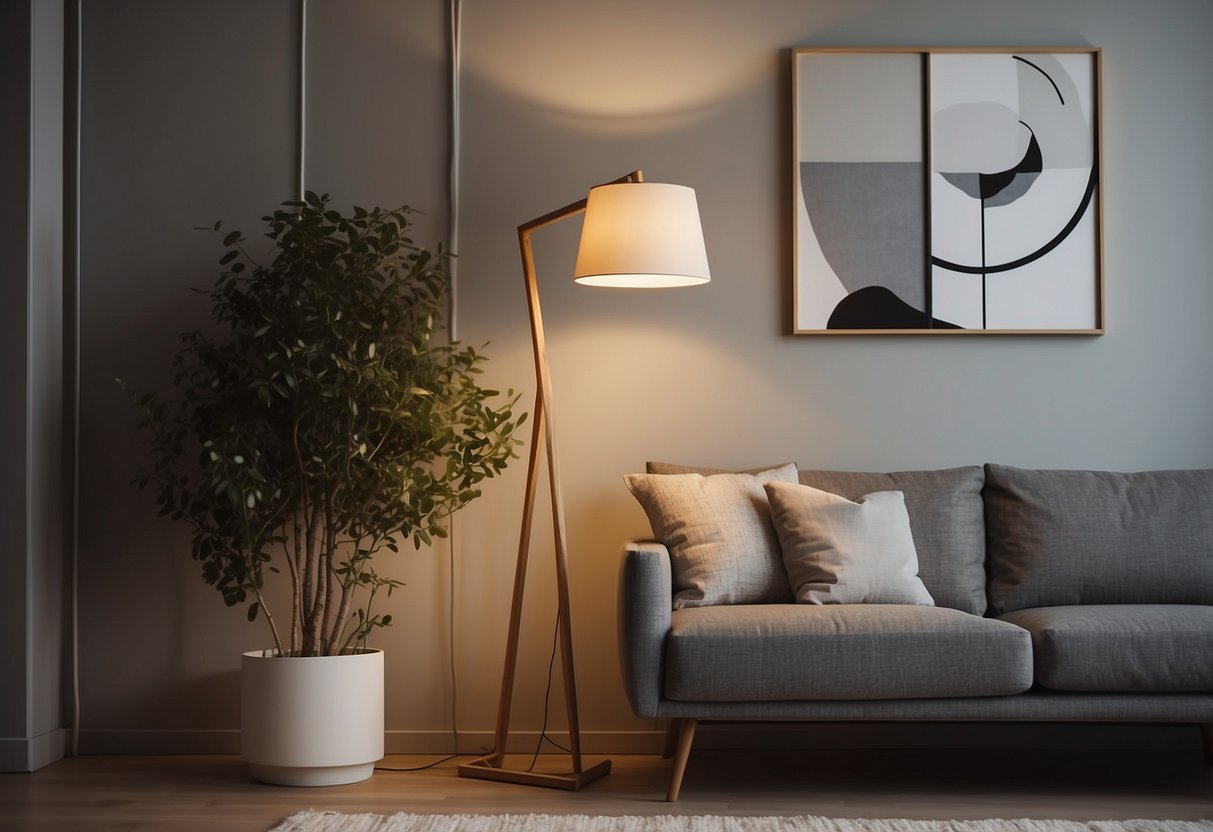 A sleek Scandinavian floor lamp stands in a modern living room, casting a warm glow on the minimalist decor