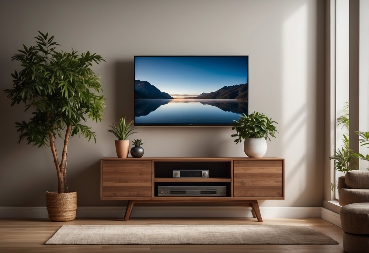 A sleek wooden console table with minimalist decor, a few art pieces, and a potted plant arranged symmetrically under a wall-mounted TV