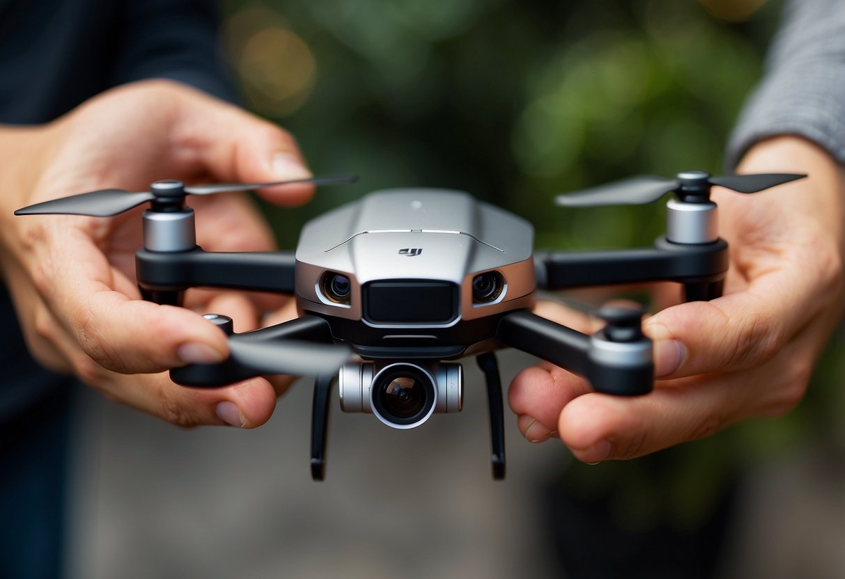 A person's hands holding a dji mini 2 drone, with a smartphone displaying the registration process on the screen