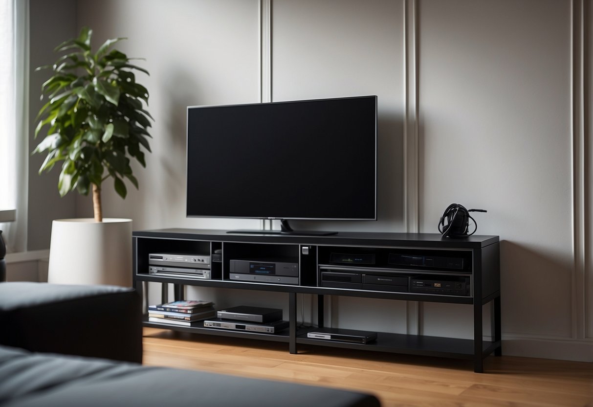 A sleek black cable management box sits neatly under a wall-mounted TV, with neatly organized cords and cables flowing into the back