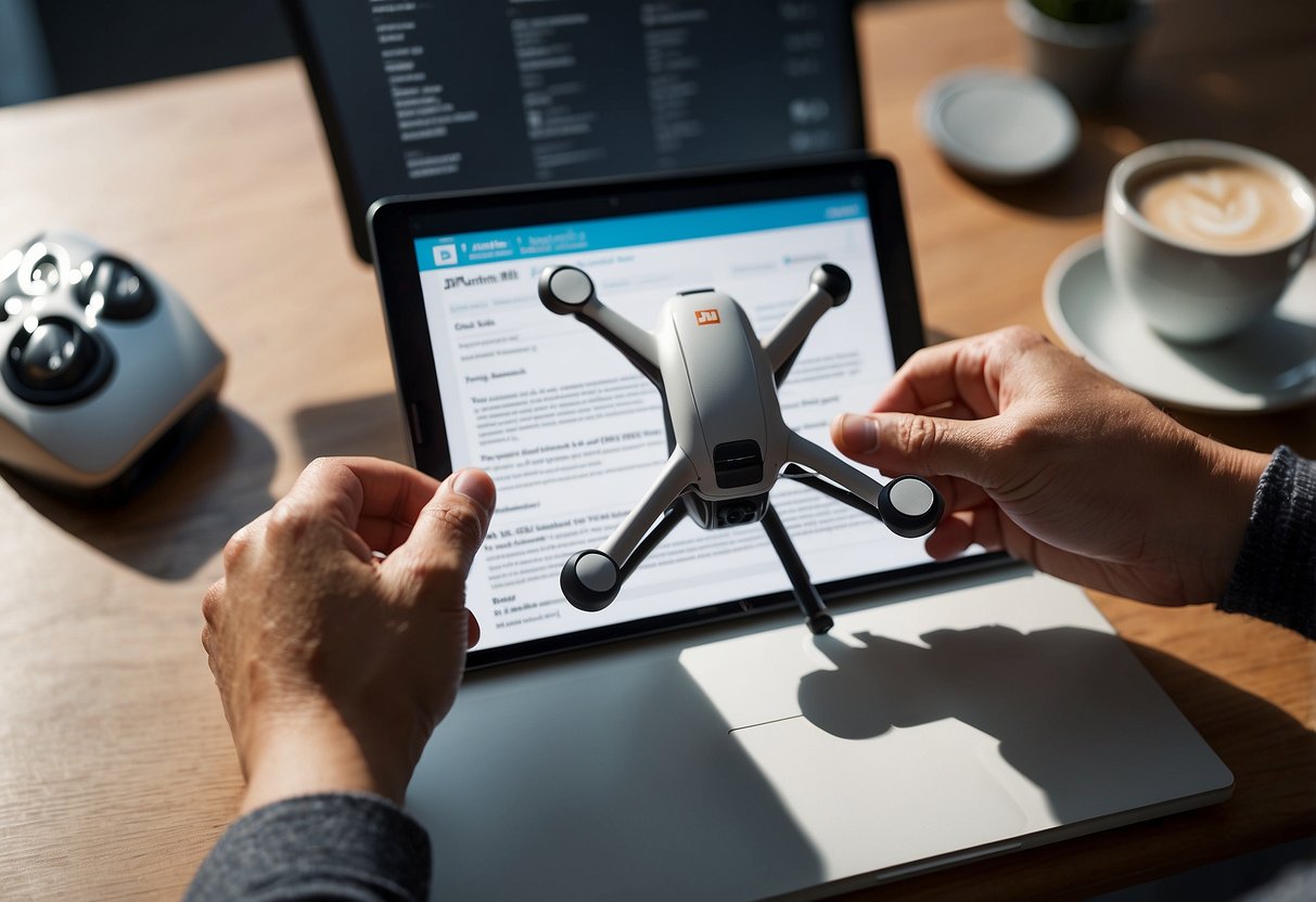 A person holding a DJI Mini 2 drone and filling out a registration form on a computer