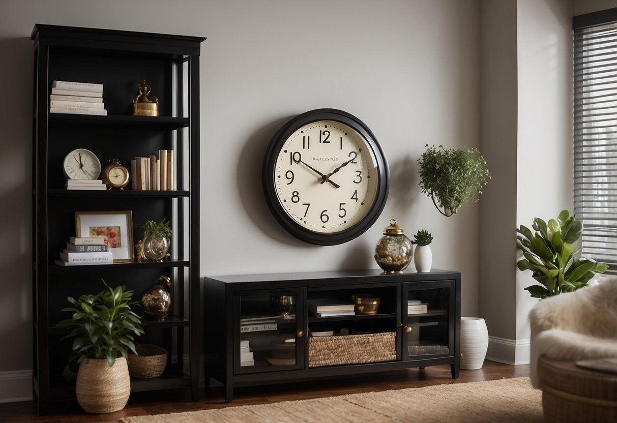 A wall clock hangs centered beneath a mounted TV, surrounded by framed artwork and decorative shelves