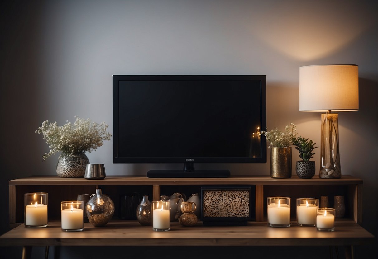 Various decorator items arranged under a TV, including vases, candles, and framed art