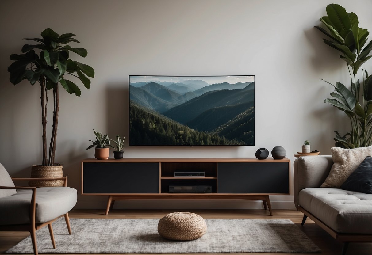 A modern living room with a sleek TV stand, minimalist decor, and a cozy rug underneath