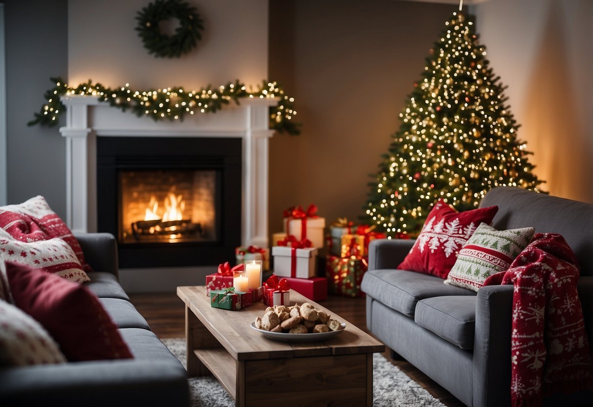 A cozy living room with a decorated Christmas tree, stockings hung by the fireplace, twinkling lights, and festive throw pillows on the couch