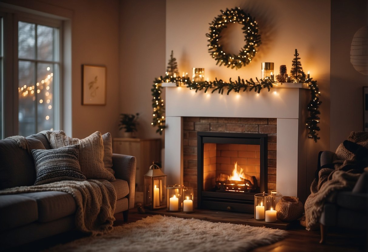 A cozy living room with a fireplace adorned with string lights on a timer, casting a warm glow over the festive holiday decor