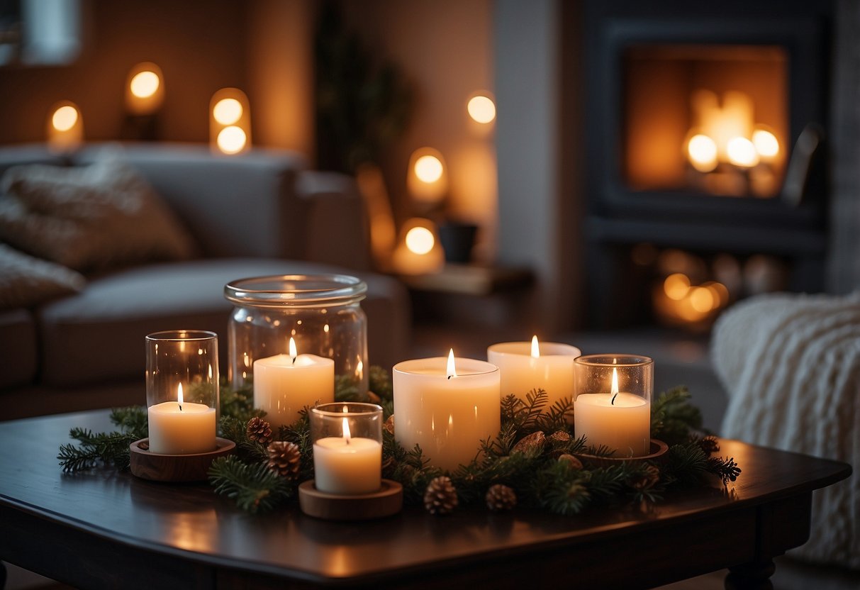 A cozy living room with scented candles in holiday scents, flickering on a mantle or coffee table, creating a warm and inviting atmosphere