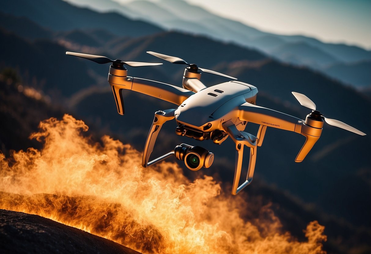 A drone equipped with a thermal imaging camera flies over a landscape, capturing heat signatures and creating a visual representation of the thermal patterns below