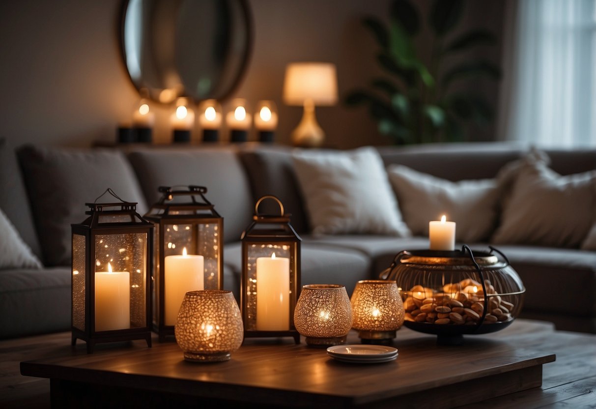 A cozy living room with LED candle lanterns placed on the mantel and coffee table, casting a warm and inviting glow