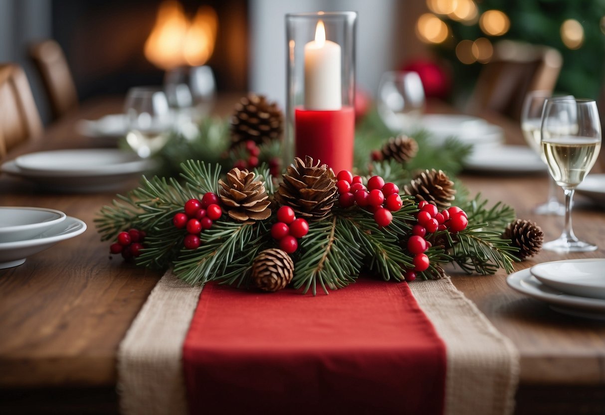 A festive table runner adorned with holly, pinecones, and red berries, set against a backdrop of a cozy holiday-themed dining table