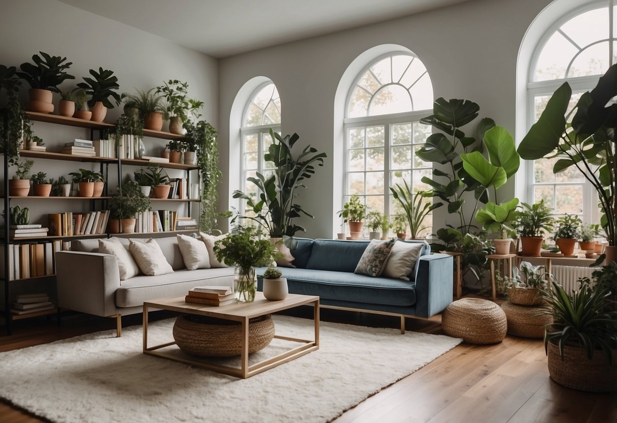 A well-lit living room with a gallery wall of framed artwork, balanced with a large statement mirror and decorative shelves displaying plants and books