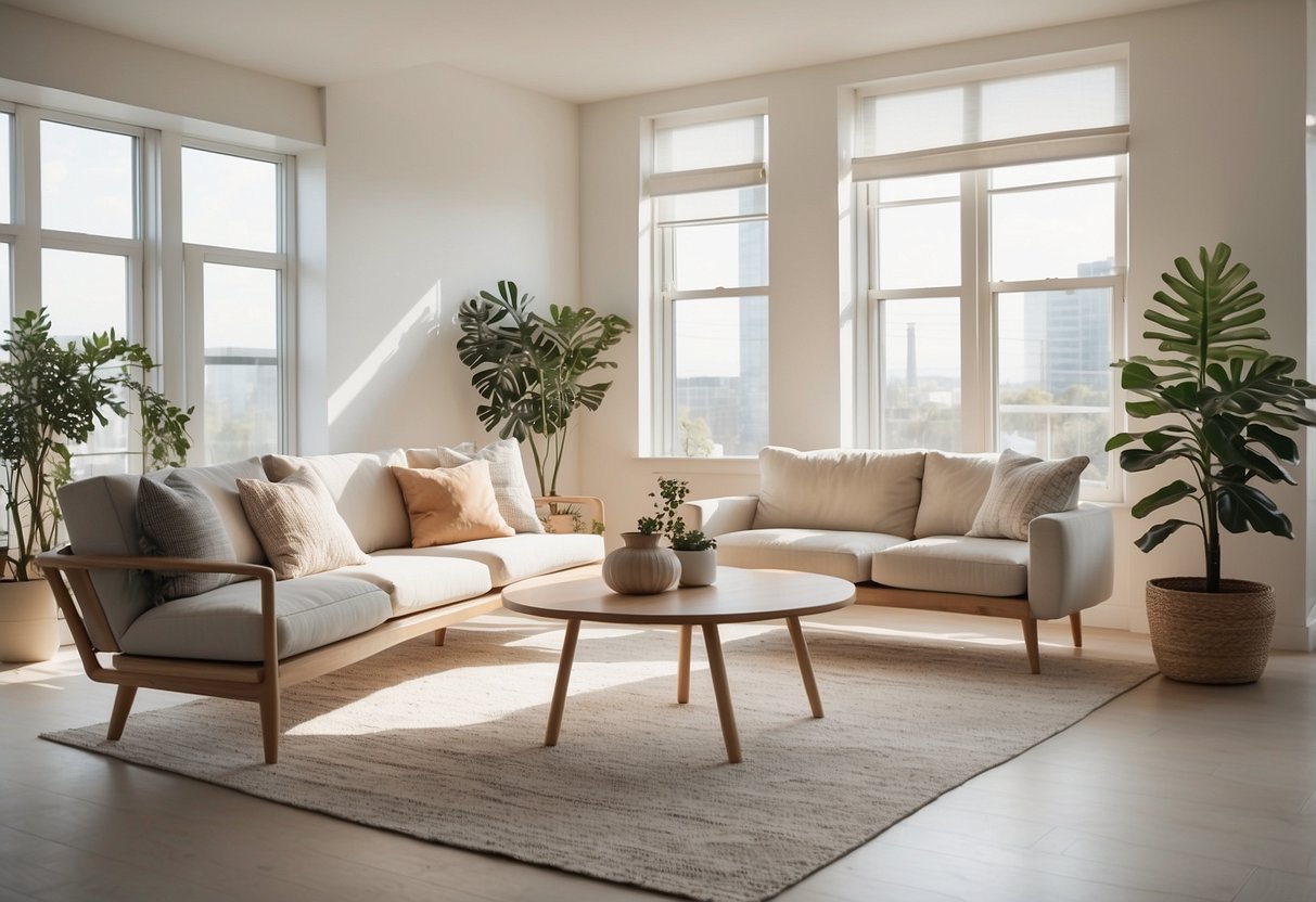 A bright, airy room with clean lines, neutral colors, and a few carefully chosen statement pieces. A simple, uncluttered space with natural light and a sense of calm