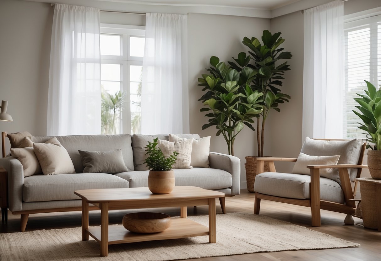 A serene living room with wooden furniture, plant accents, and neutral color palette. Clean lines and simple decor create a minimalist ambiance