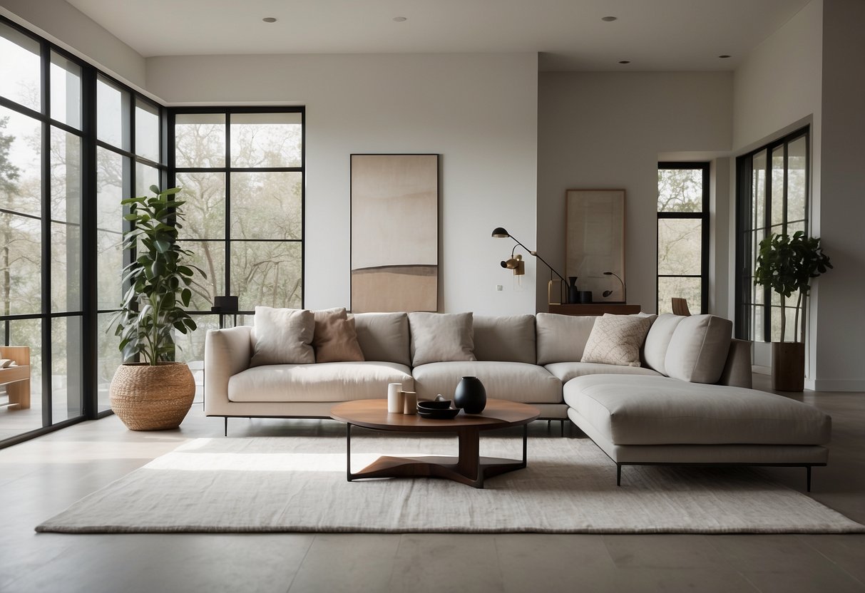 A sleek, minimalist living room with a neutral color palette and clean lines. A statement piece, like a bold geometric rug or a sculptural lamp, adds visual interest. Large windows let in natural light, creating a bright and airy atmosphere