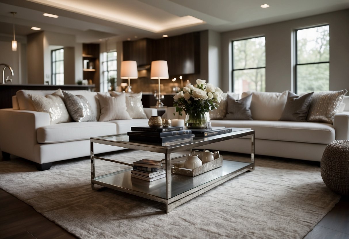 A sleek living room with metallic accents: a chrome coffee table, silver throw pillows, and a brushed nickel floor lamp