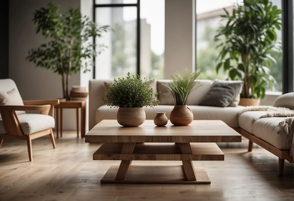 A living room with wooden tables, stone accents, and plant decor. Minimalist modern furniture with natural materials