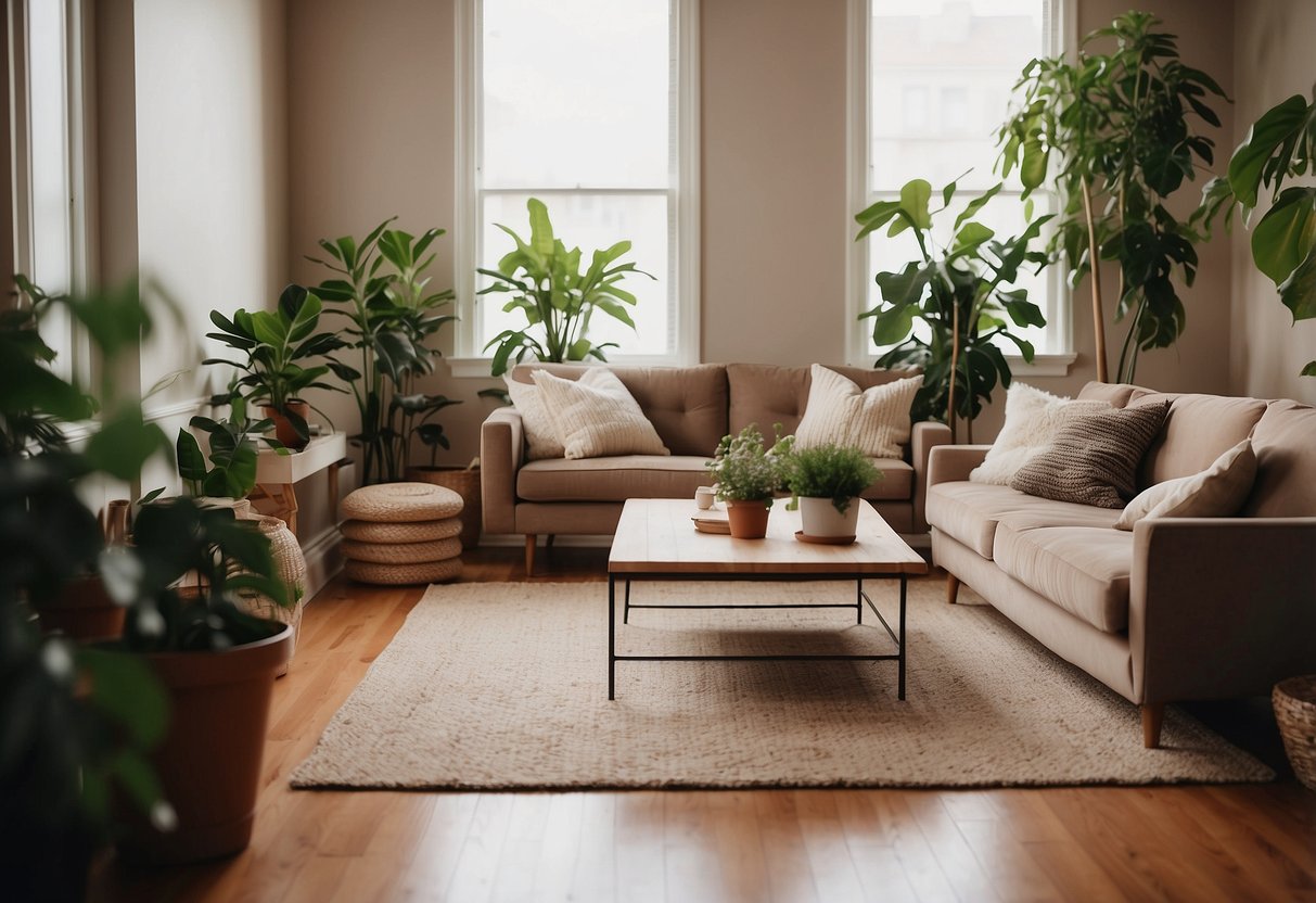 A cozy living room with warm earth tones, plush throw pillows, and a soft area rug. A large, leafy houseplant sits in the corner, adding a touch of greenery