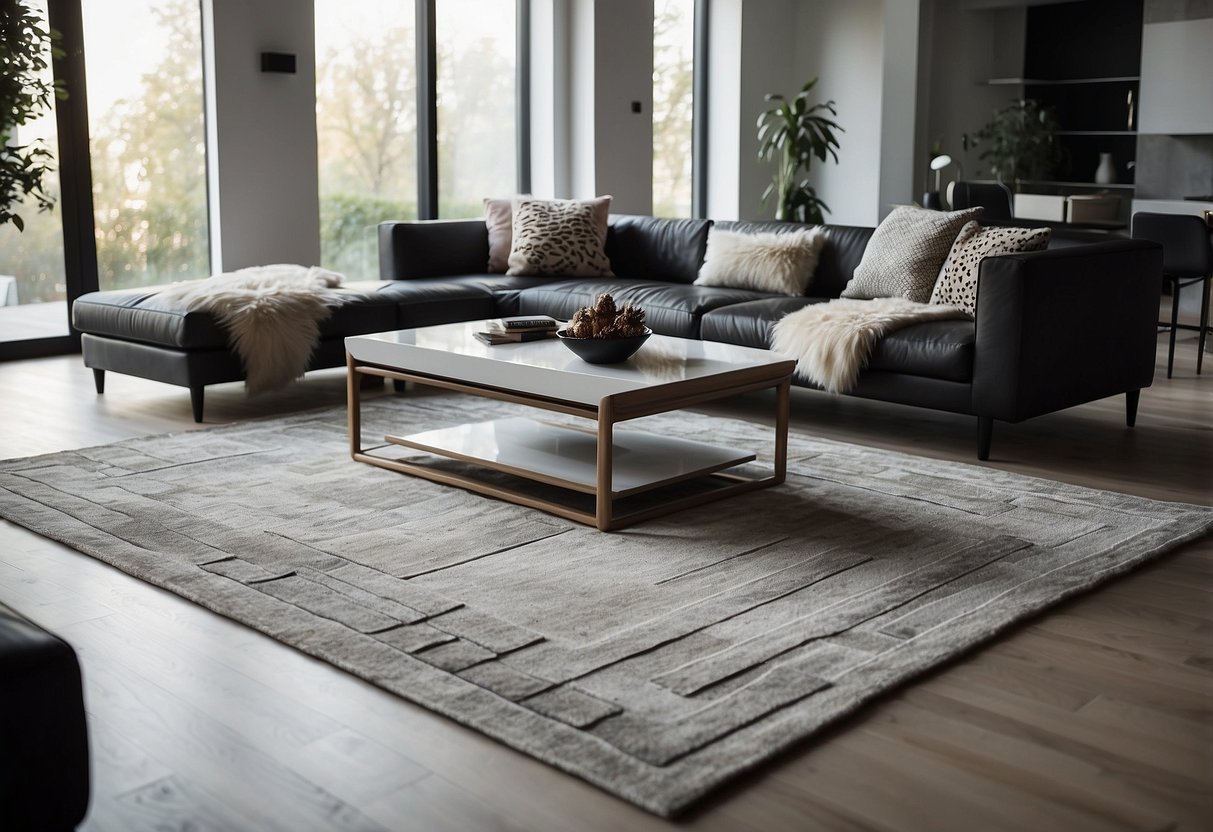 A modern living room with a large geometric area rug as the focal point, surrounded by sleek furniture and minimalist decor