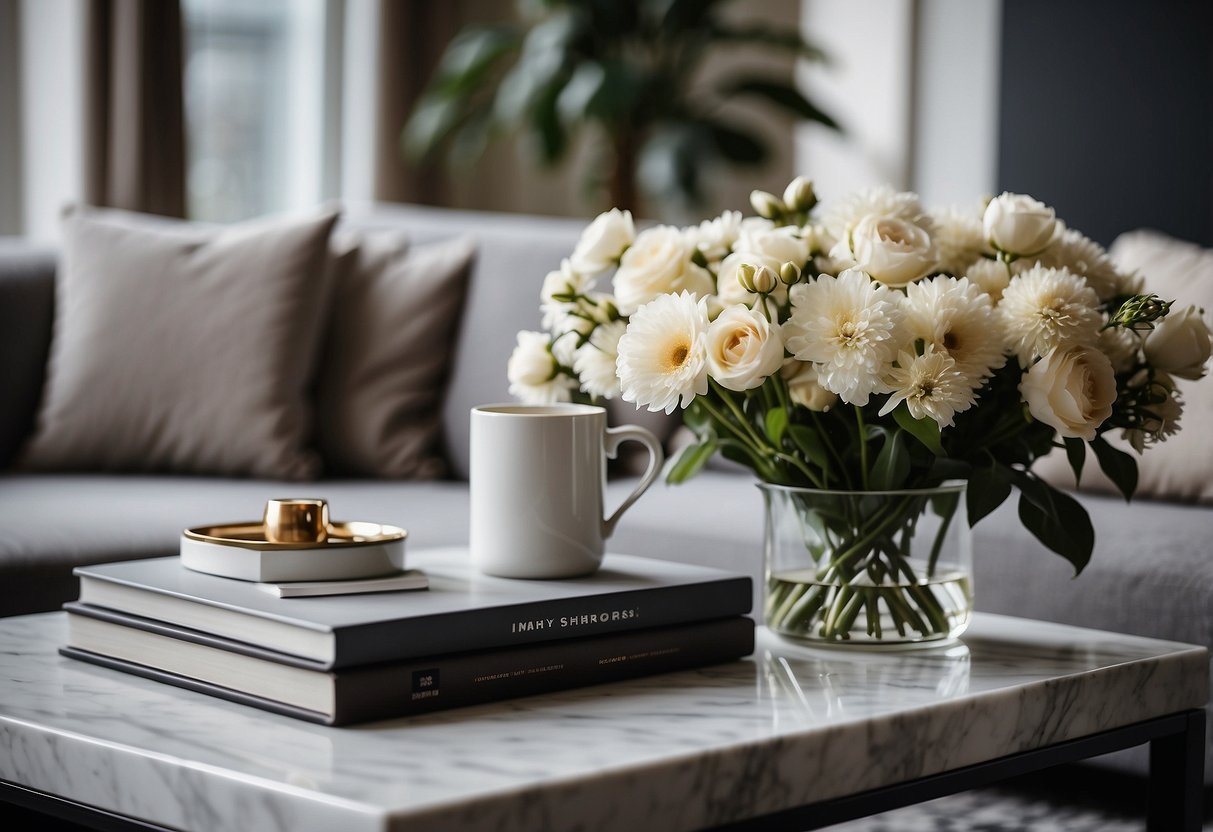 A sleek marble coffee table sits in a modern living room, adorned with a vase of fresh flowers and a stack of art books