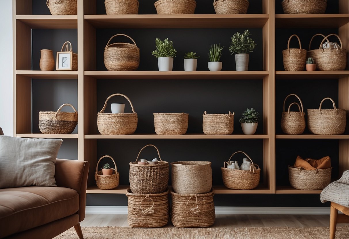 A cozy living room with natural fiber baskets neatly organized on shelves and used as stylish storage solutions