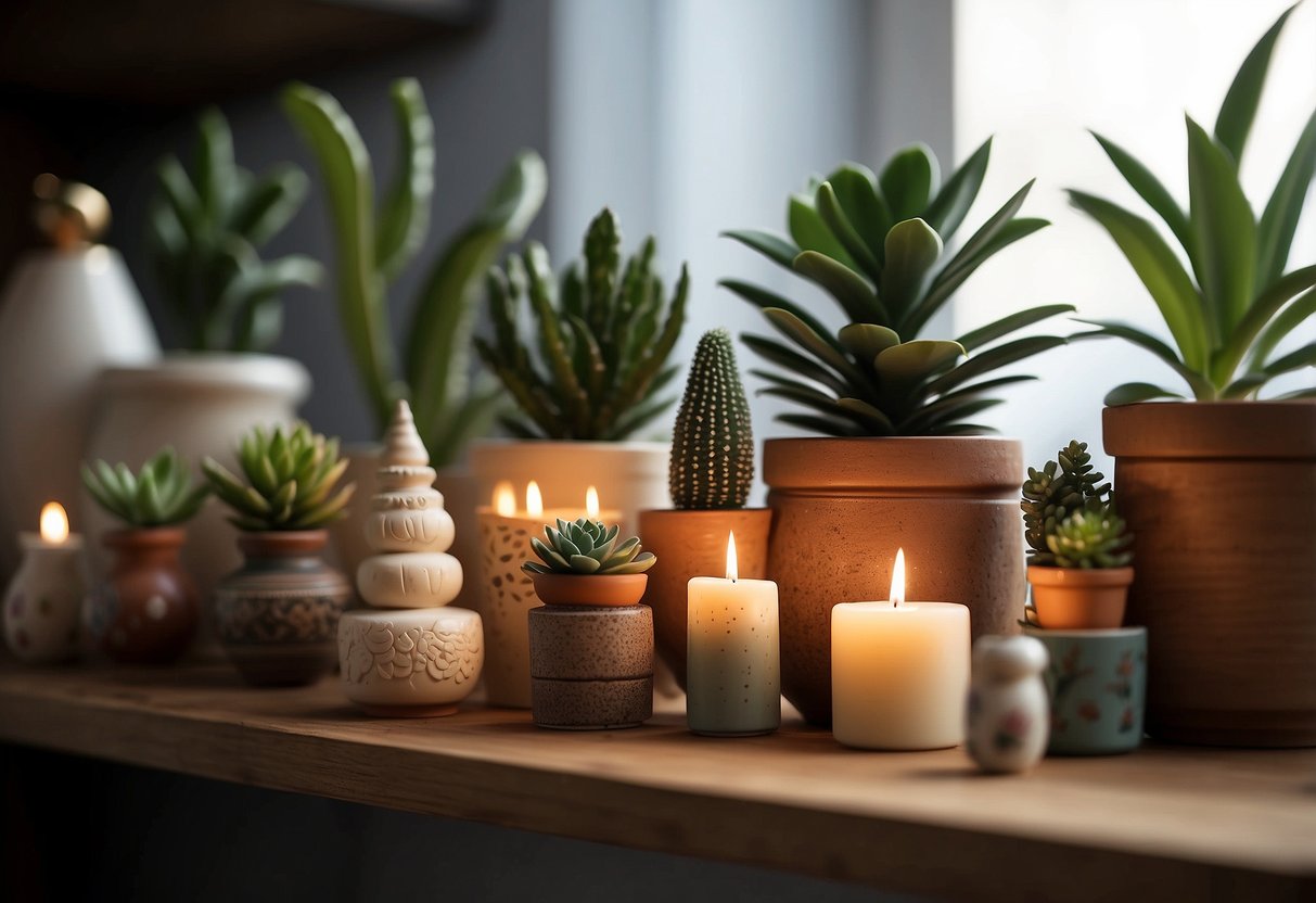 A shelf filled with various home decor knick knacks, including ceramic figurines, candles, and small potted plants