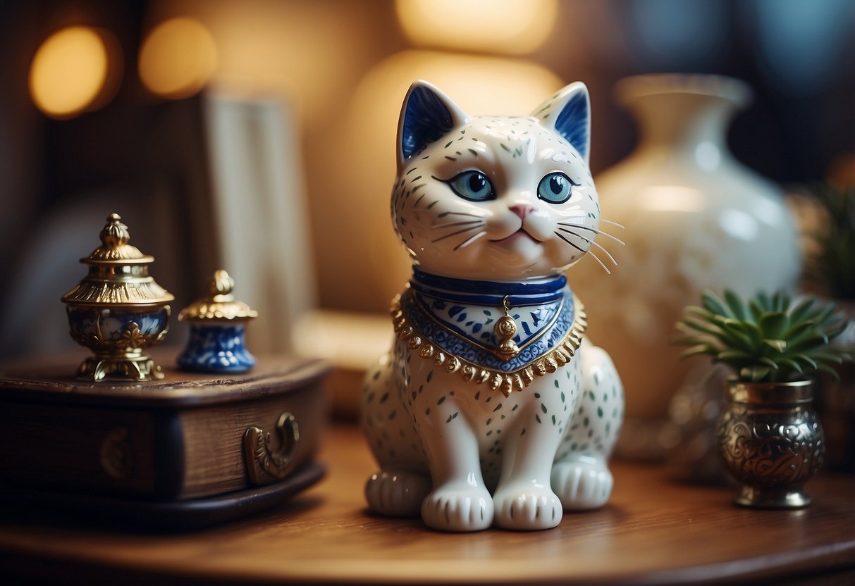 A vintage porcelain cat figurine sits among home decor knick knacks