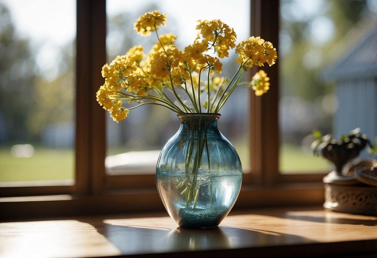 A hand-blown glass vase sits on a wooden shelf surrounded by other home decor knick knacks. The sunlight filters through the window, casting a soft glow on the delicate, translucent surface of the vase