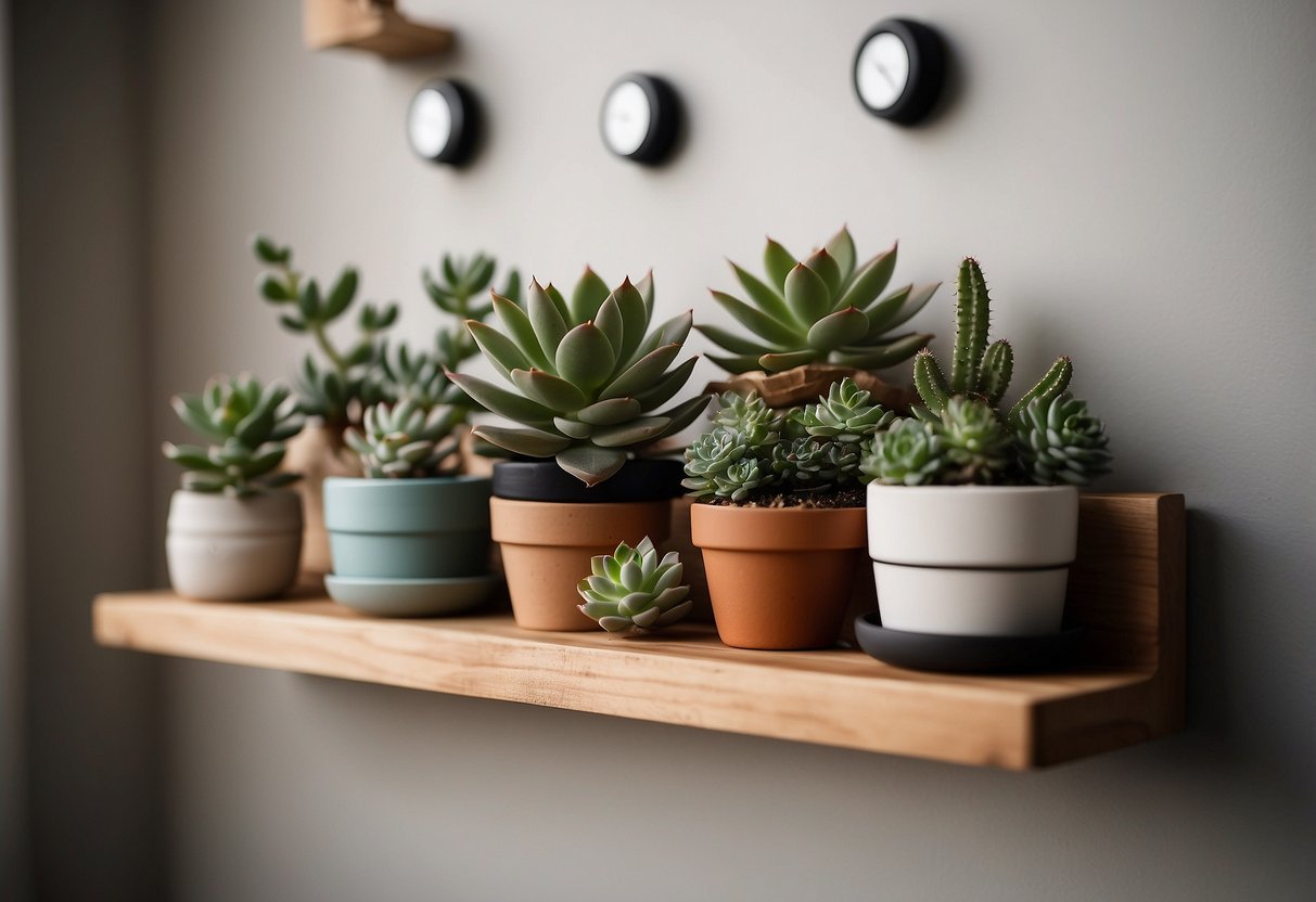 A wooden shelf with three succulent planters, surrounded by small decorative knick knacks and a hanging wall art