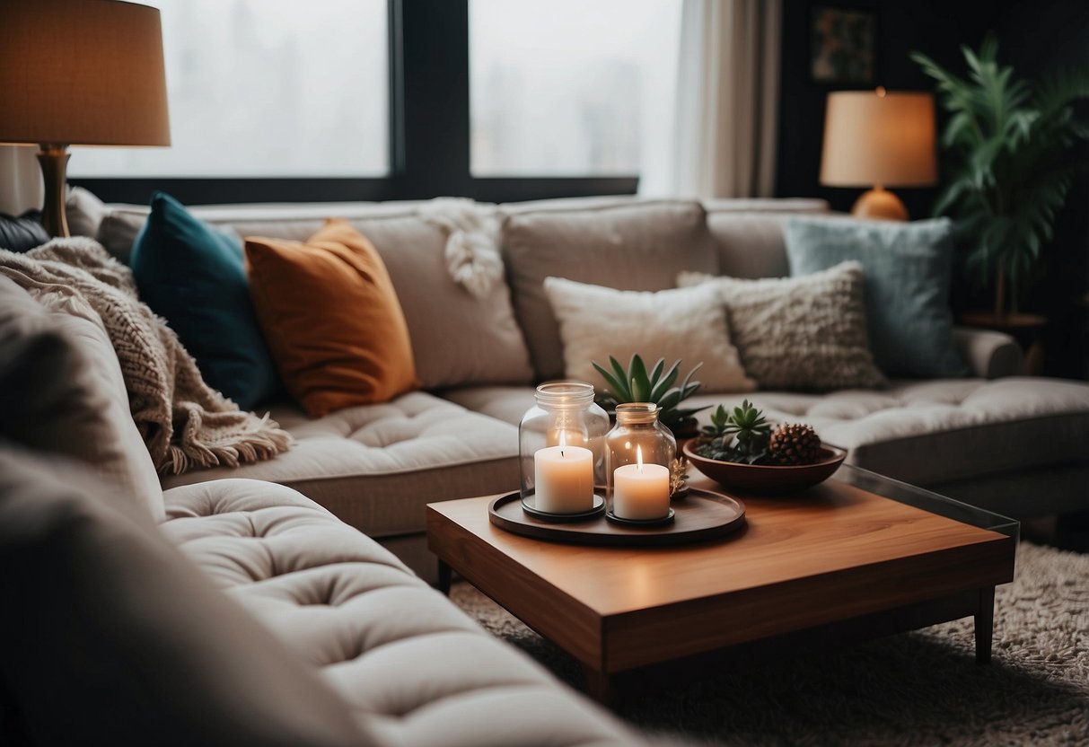 A cozy living room with velvet throw pillow covers scattered on a plush couch, surrounded by other home decor knick knacks