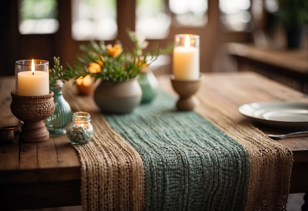 A handwoven table runner adorns a wooden table, surrounded by various home decor knick knacks