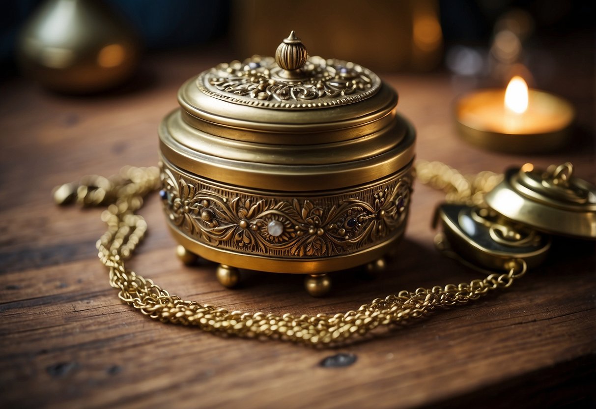 A brass trinket box sits on a wooden table, surrounded by decorative knick knacks and home decor items