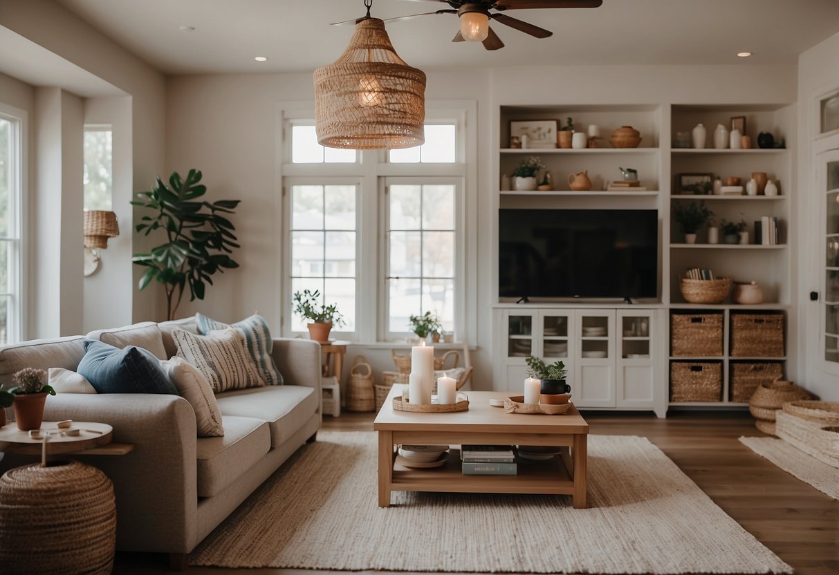 A cozy living room with shelves filled with home decor knick knacks, including vases, candles, and small sculptures. A soft rug and comfortable furniture complete the inviting space