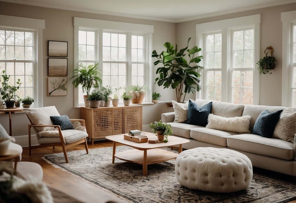 A cozy living room with a neutral color scheme, large windows, comfortable seating, and a statement rug. A mix of textures and patterns adds visual interest, while plants and artwork bring life to the space