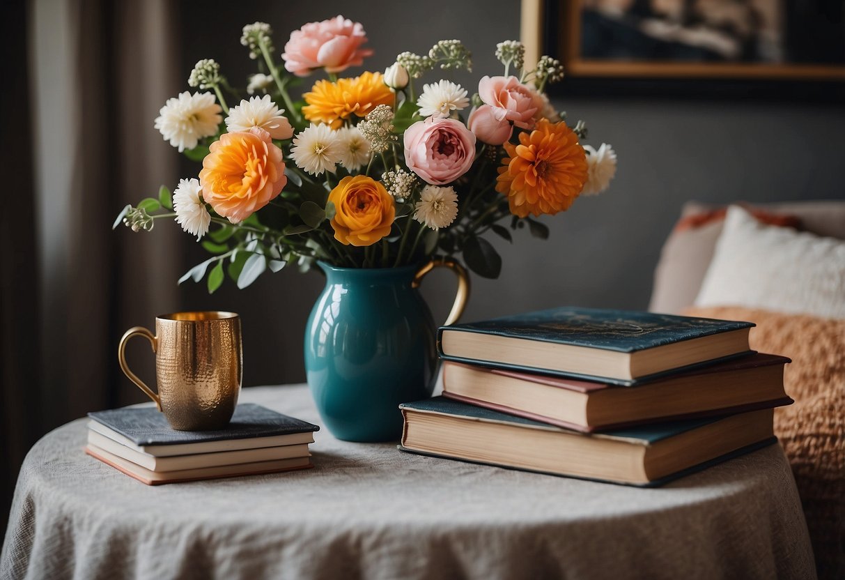 A table with a vase of fresh flowers, a stack of colorful books, and a cozy throw blanket draped over a chair. A gallery wall with various art prints and a decorative mirror