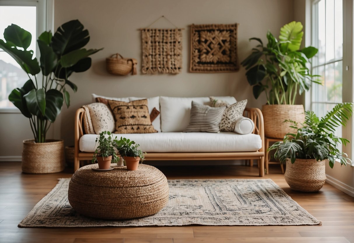 A cozy living room with rattan furniture, macrame wall hangings, and vibrant patterned throw pillows. A large potted plant sits in the corner, and a woven rug covers the hardwood floor