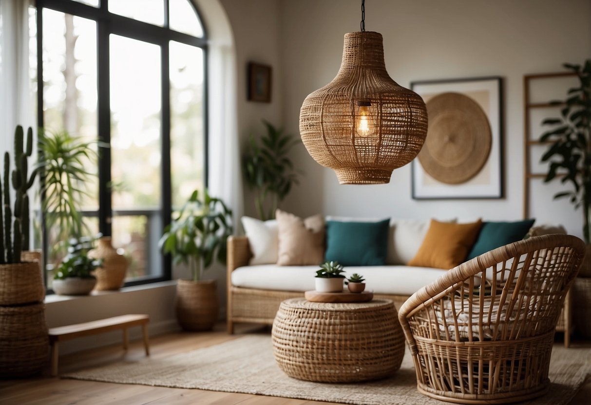 A cozy living room with a rattan pendant light hanging above a bohemian-inspired decor, creating a warm and inviting atmosphere