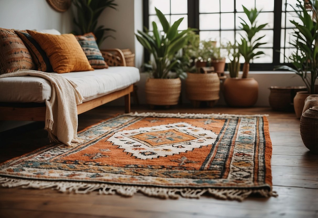 A vintage Moroccan rug lays on a wooden floor, surrounded by eclectic boho home decor items like plants, rattan furniture, and colorful textiles