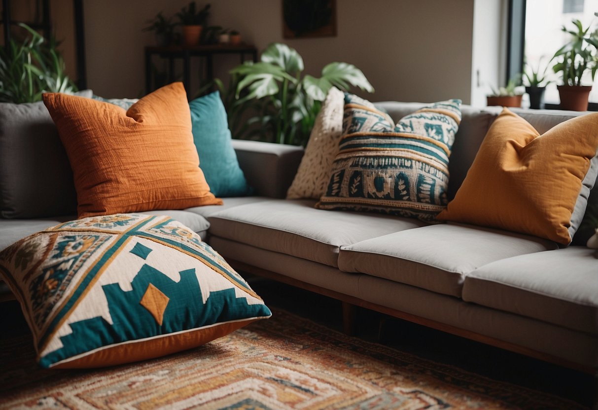 Colorful bohemian throw pillows arranged on a cozy sofa, surrounded by plants and eclectic decor