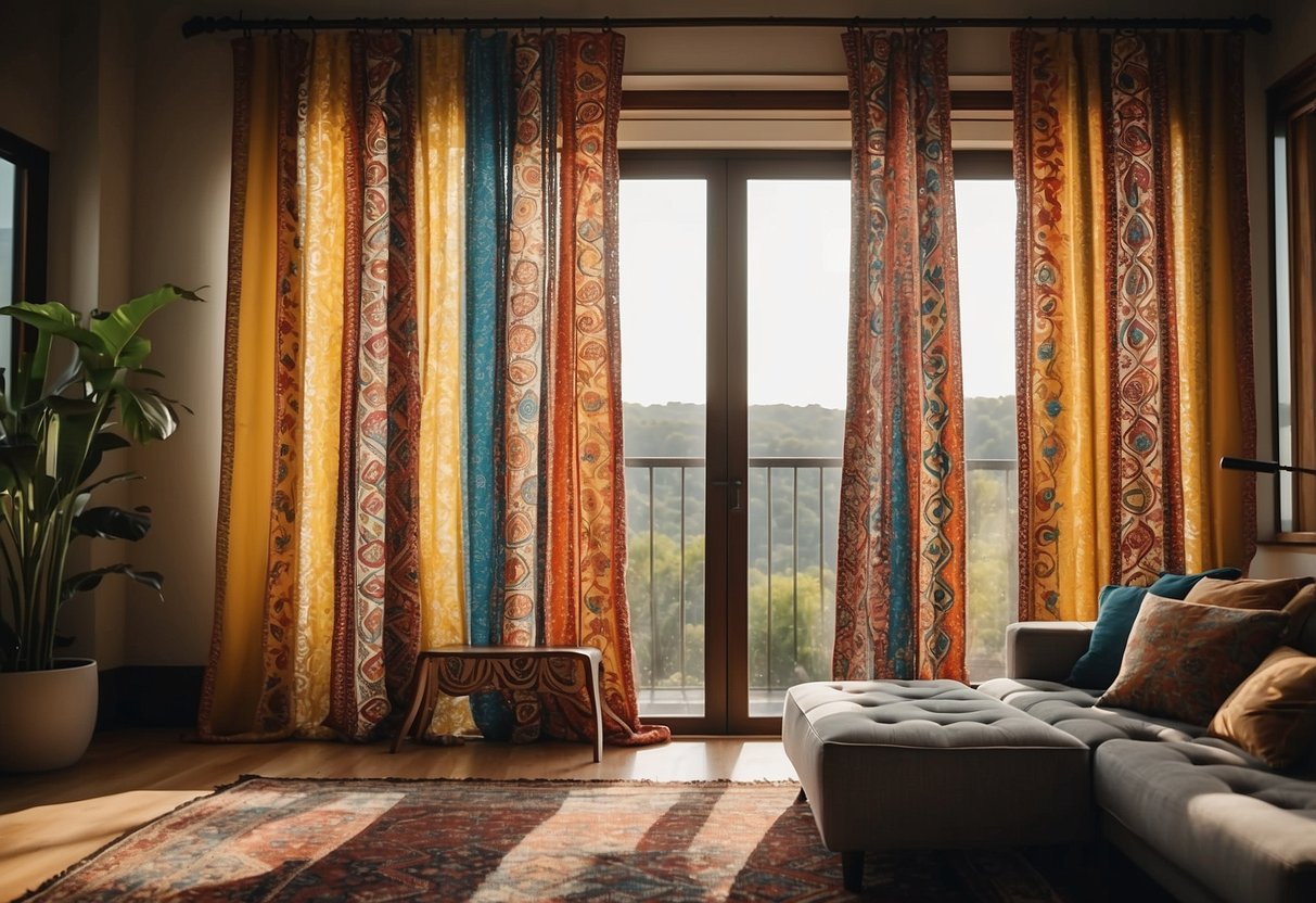 Colorful tribal print curtains hang in a bohemian-inspired living room, adding a vibrant and eclectic touch to the home decor