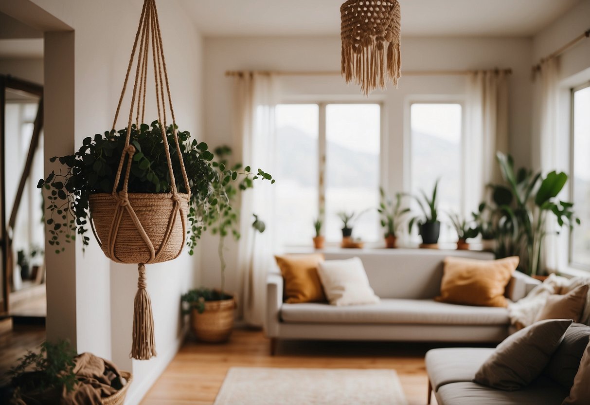 A cozy living room with a handwoven macramé plant hanger hanging from the ceiling, adding a touch of boho chic to the home decor