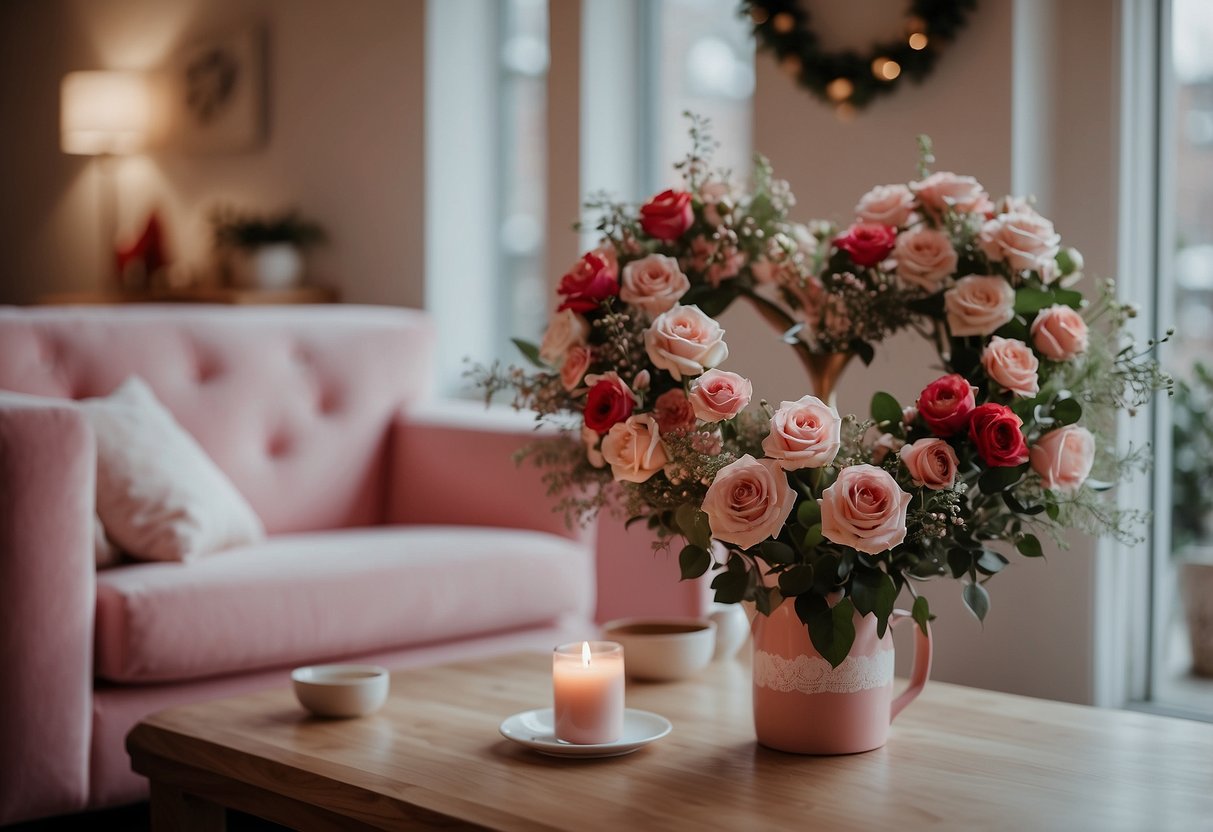 A cozy living room with a fireplace, adorned with red and pink accents for Valentine's Day. A heart-shaped wreath hangs on the wall, and a bouquet of fresh flowers sits on the coffee table