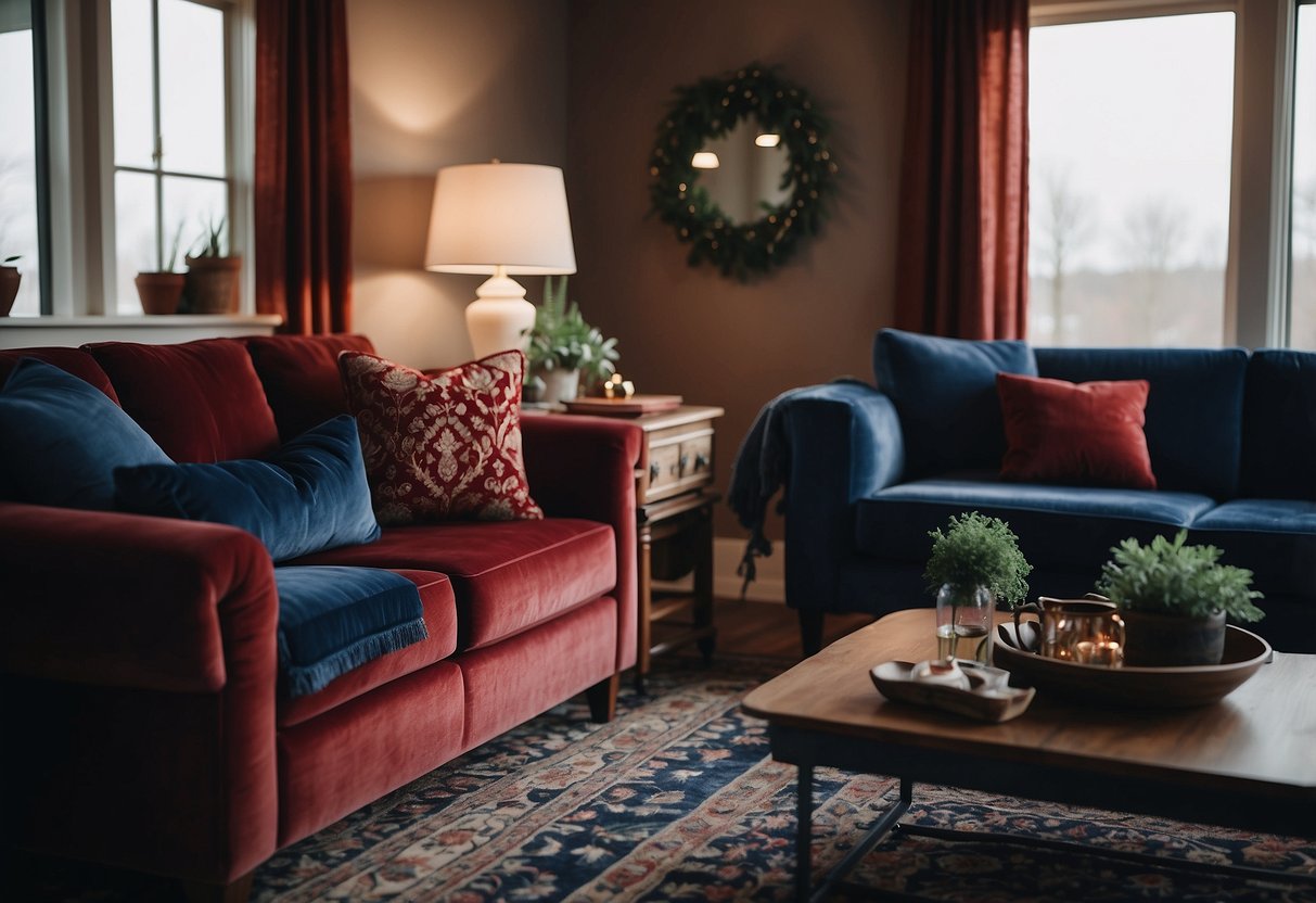 A cozy living room with a plush sofa adorned with velvet throw pillows in shades of deep red and luxurious navy blue. A warm and inviting atmosphere perfect for a February home decor