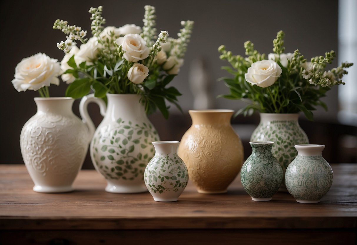 A table adorned with handcrafted ceramic vases in various shapes and sizes, complemented by fresh flowers and greenery, creating a charming and elegant home decor display for the month of February