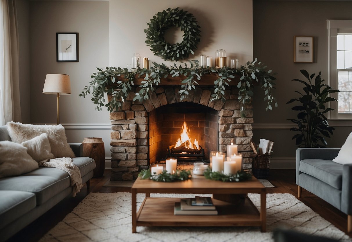 A cozy living room with a fireplace adorned with eucalyptus wreaths, adding a touch of nature and tranquility to the February home decor