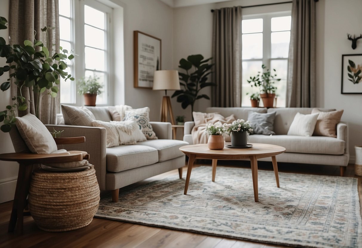 A cozy living room with floral patterned rugs, adding a touch of elegance and warmth to the space. The rugs are placed strategically to complement the overall home decor