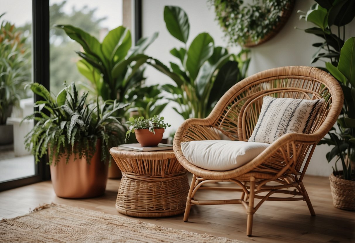 Two Bohemian rattan chairs surrounded by green plants and colorful throw pillows, creating a cozy and stylish home decor setting for February