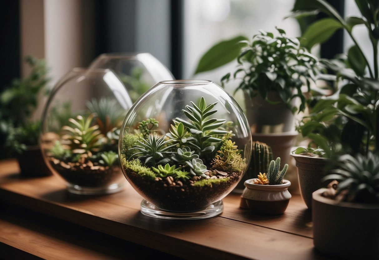 A collection of geometric terrariums arranged on a modern shelf, surrounded by lush green plants and soft lighting