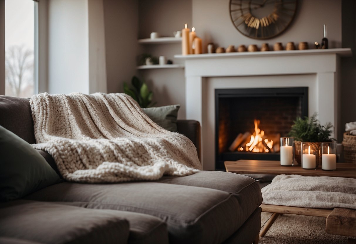 A cozy living room with an oversized knit blanket draped over a plush sofa, next to a crackling fireplace, creating a warm and inviting atmosphere