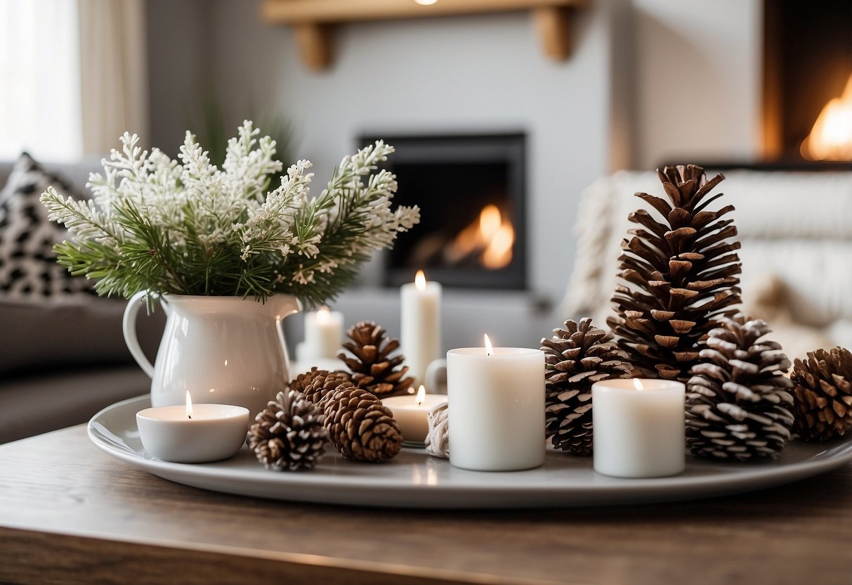 A cozy living room with winter-themed throw pillows, a fireplace adorned with pinecones, and a table centerpiece of frosty white flowers